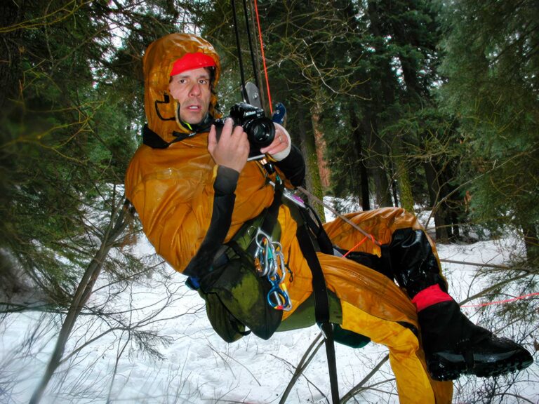 James Balog hypothermic and exhausted as he nears ground during photography of Giant Sequoia "Stagg", Alder Creek Grove, Camp Nelson, California, USA (2001)