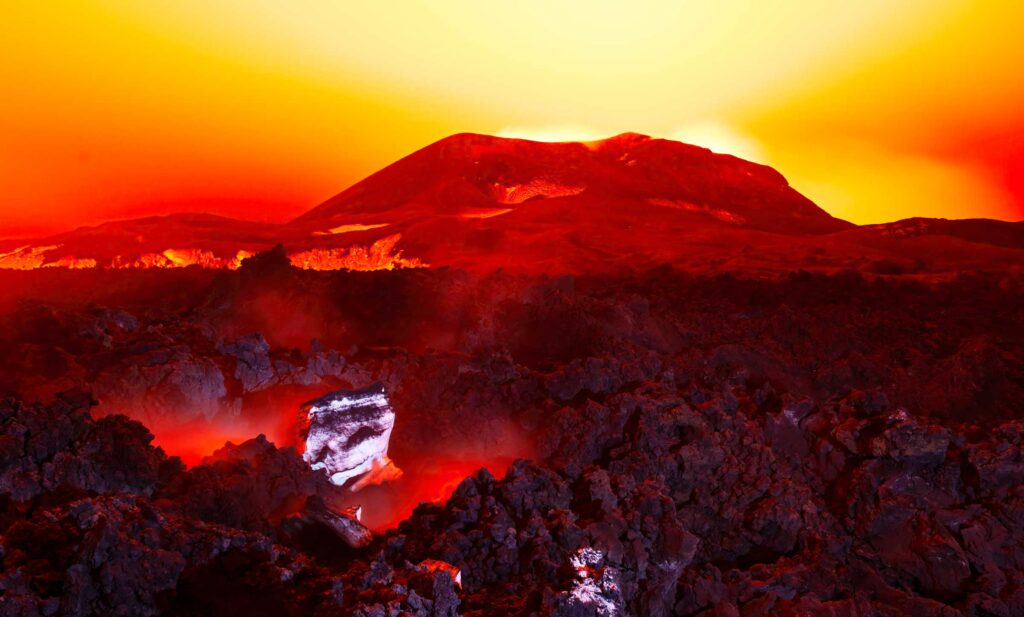 "Fimmvörðuháls Eruption with Ice Block", Eyjafjöll, Iceland (2010)