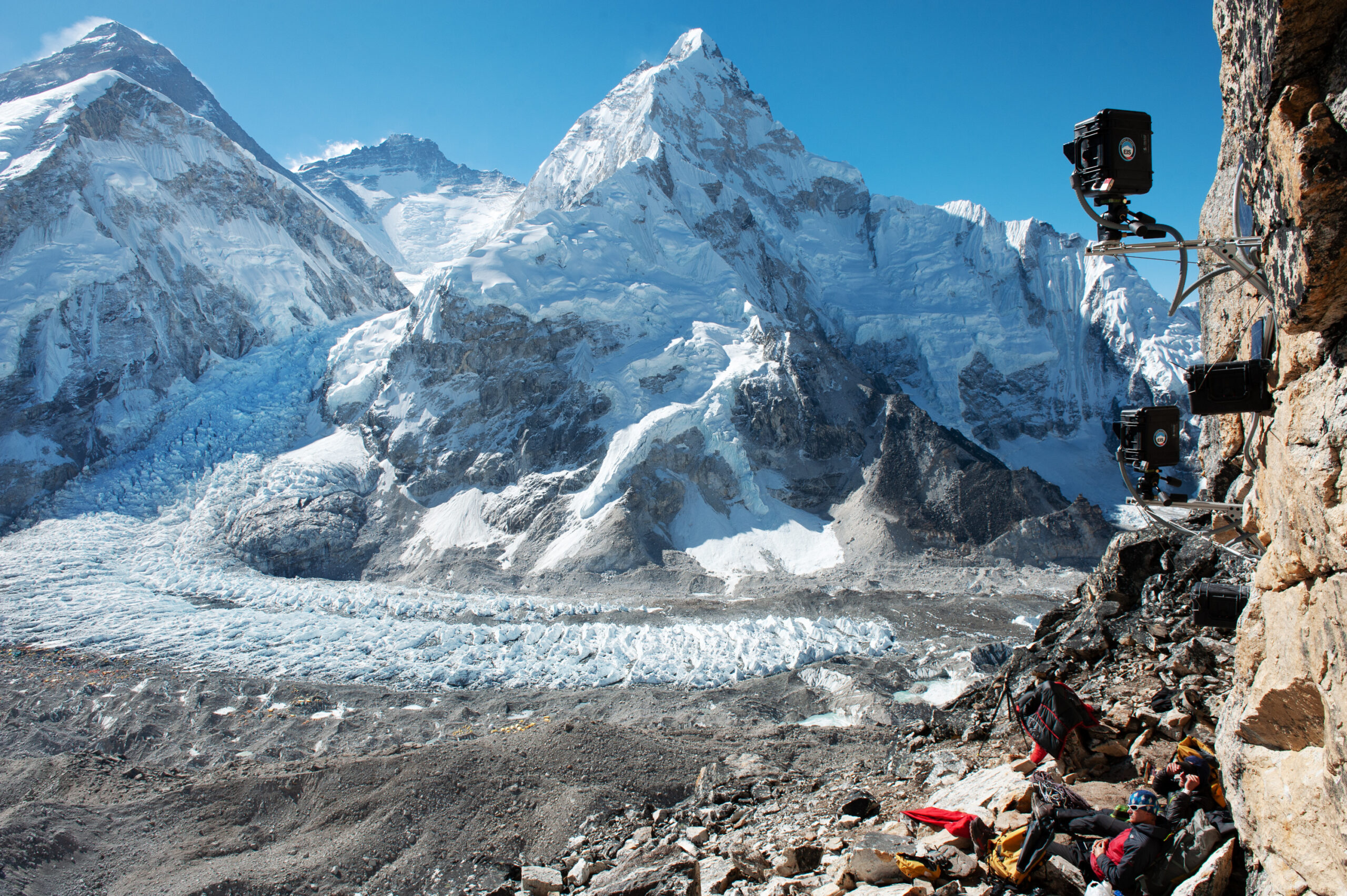 Extreme Ice Survey time-lapse cameras in action at camera site NP-04 and NP-05, Khumbu Glacier, Himalayas, Nepal (2010)
